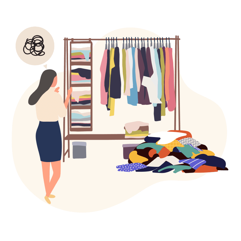 たくさんの洋服や着ていない洋服でクローゼットが整理整頓されていない様子