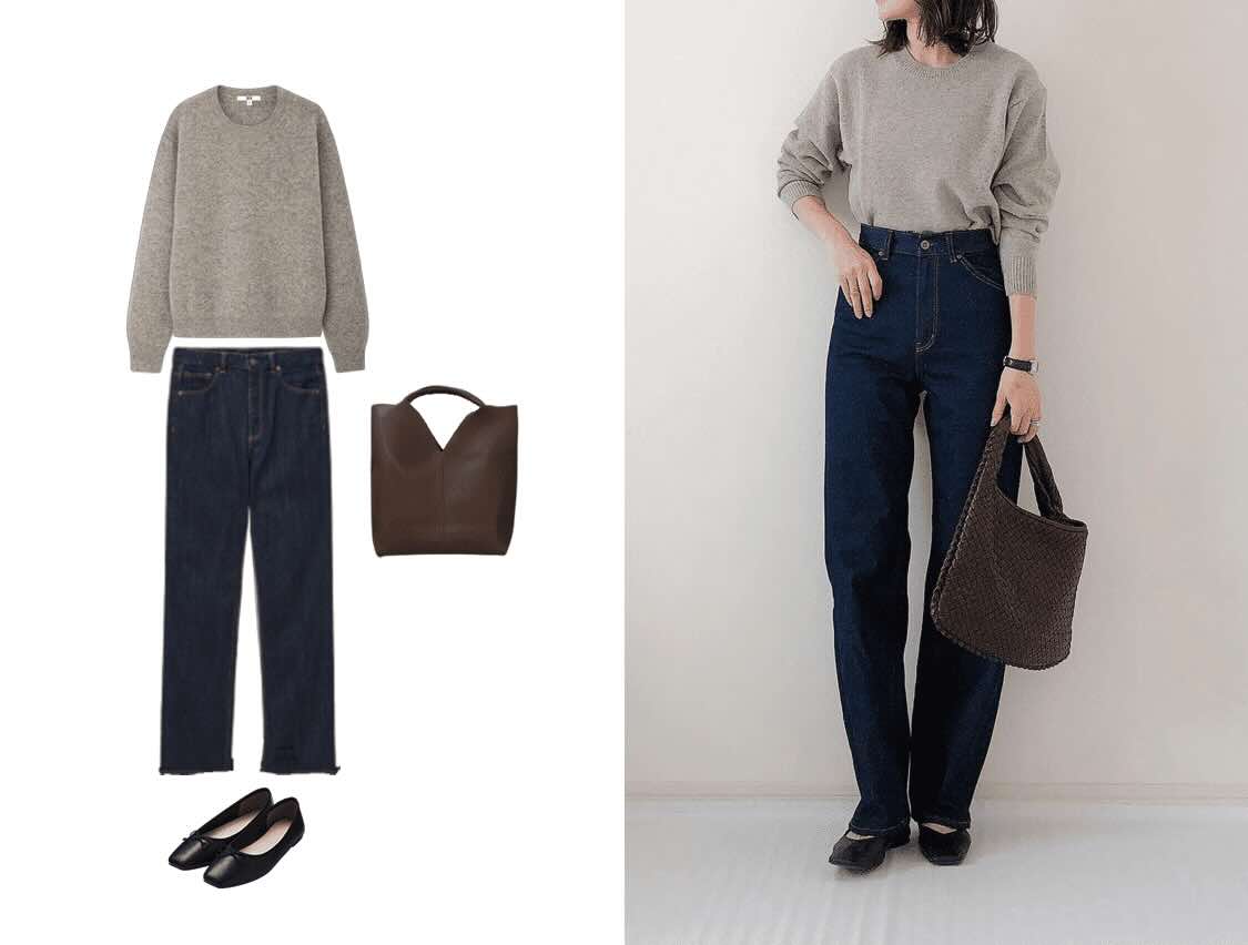 ニットとデニムパンツのレディースコーディネート